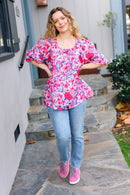 Feeling Femmi Pink & Fuchsia Floral Peplum Woven Top (Open Pack)