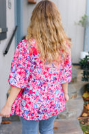 Feeling Femmi Pink & Fuchsia Floral Peplum Woven Top (Open Pack)