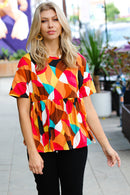 Teal & Mustard Geo Print Drop Shoulder Babydoll Top (Open Pack)