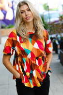 Teal & Mustard Geo Print Drop Shoulder Babydoll Top (Open Pack)