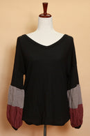 Black Textured Color Block Sleeve Top