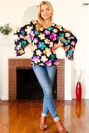 Be Bold Black Floral Hi-Lo Ruffle Sleeve Woven Top (Open Pack)