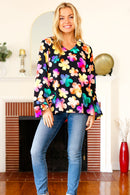Be Bold Black Floral Hi-Lo Ruffle Sleeve Woven Top (Open Pack)