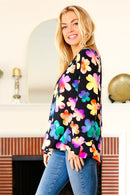Be Bold Black Floral Hi-Lo Ruffle Sleeve Woven Top (Open Pack)