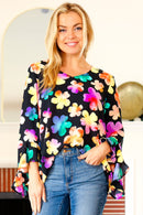 Be Bold Black Floral Hi-Lo Ruffle Sleeve Woven Top (Open Pack)