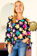 Be Bold Black Floral Hi-Lo Ruffle Sleeve Woven Top (Open Pack)
