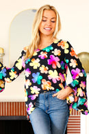 Be Bold Black Floral Hi-Lo Ruffle Sleeve Woven Top (Open Pack)