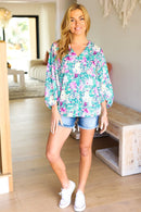 Femme' Lavender & Green Floral V Neck Woven Top (Open Pack)