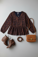Navy & Rust Leopard Woven Babydoll Top (Open Pack)