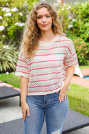 Stand Out Oatmeal & Lavender Stripe Netted Crochet Sweater Top (Open Pack)