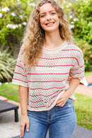 Stand Out Oatmeal & Lavender Stripe Netted Crochet Sweater Top (Open Pack)