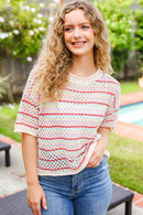 Stand Out Oatmeal & Lavender Stripe Netted Crochet Sweater Top (Open Pack)