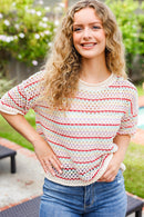 Stand Out Oatmeal & Lavender Stripe Netted Crochet Sweater Top (Open Pack)