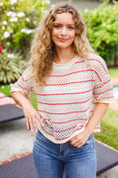 Stand Out Oatmeal & Lavender Stripe Netted Crochet Sweater Top (Open Pack)