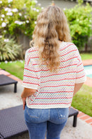 Stand Out Oatmeal & Lavender Stripe Netted Crochet Sweater Top (Open Pack)
