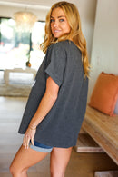 Take A Bow Charcoal "Cool Mom" Embroidery Pop-Up Rib Dolman Top (Open Pack)
