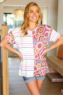 Always Fun Ivory & Fuchsia Stripe and Crochet Print Top (Open Pack)