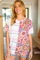 Always Fun Ivory & Fuchsia Stripe and Crochet Print Top (Open Pack)