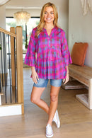 Back To Basics Fuchsia Plaid Notched Neck Babydoll Top (Open Pack)