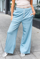 Weekend Ready Blue Grey Scuba Knit Drawstring Wide Leg Pants (Open Pack)