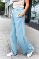 Weekend Ready Blue Grey Scuba Knit Drawstring Wide Leg Pants (Open Pack)