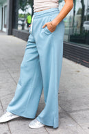 Weekend Ready Blue Grey Scuba Knit Drawstring Wide Leg Pants (Open Pack)