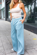 Weekend Ready Blue Grey Scuba Knit Drawstring Wide Leg Pants (Open Pack)