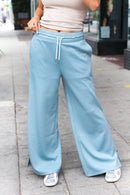 Weekend Ready Blue Grey Scuba Knit Drawstring Wide Leg Pants (Open Pack)