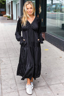 Elegant Black Elastic V Neck Tiered Satin Maxi Dress (Open Pack)