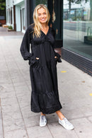 Elegant Black Elastic V Neck Tiered Satin Maxi Dress (Open Pack)