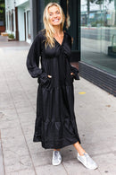 Elegant Black Elastic V Neck Tiered Satin Maxi Dress (Open Pack)