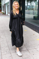Elegant Black Elastic V Neck Tiered Satin Maxi Dress (Open Pack)