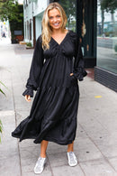 Elegant Black Elastic V Neck Tiered Satin Maxi Dress (Open Pack)