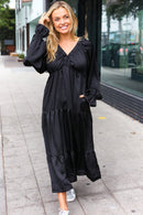 Elegant Black Elastic V Neck Tiered Satin Maxi Dress (Open Pack)