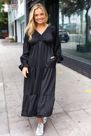 Elegant Black Elastic V Neck Tiered Satin Maxi Dress (Open Pack)