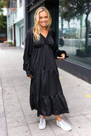 Elegant Black Elastic V Neck Tiered Satin Maxi Dress (Open Pack)