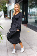 Elegant Black Elastic V Neck Tiered Satin Maxi Dress (Open Pack)