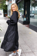 Elegant Black Elastic V Neck Tiered Satin Maxi Dress (Open Pack)
