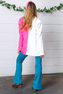 Fuchsia & Cream Silky Half & Half Buttoned Blazer (Open Pack)