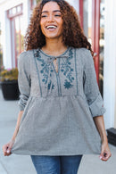 Beautiful You Dark Green Cotton Plaid Embroidered Back Button Top (Open Pack)