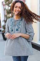 Beautiful You Dark Green Cotton Plaid Embroidered Back Button Top (Open Pack)
