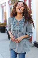 Beautiful You Dark Green Cotton Plaid Embroidered Back Button Top (Open Pack)