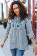 Beautiful You Dark Green Cotton Plaid Embroidered Back Button Top (Open Pack)
