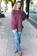Be Your Best Wine Satin Shirred Yoke Frilled Mock Neck Holiday Top (Open Pack)