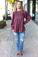 Be Your Best Wine Satin Shirred Yoke Frilled Mock Neck Holiday Top (Open Pack)