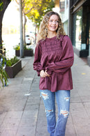 Be Your Best Wine Satin Shirred Yoke Frilled Mock Neck Holiday Top (Open Pack)
