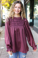 Be Your Best Wine Satin Shirred Yoke Frilled Mock Neck Holiday Top (Open Pack)