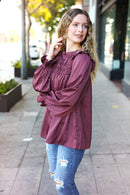 Be Your Best Wine Satin Shirred Yoke Frilled Mock Neck Holiday Top (Open Pack)