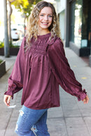 Be Your Best Wine Satin Shirred Yoke Frilled Mock Neck Holiday Top (Open Pack)