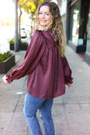Be Your Best Wine Satin Shirred Yoke Frilled Mock Neck Holiday Top (Open Pack)